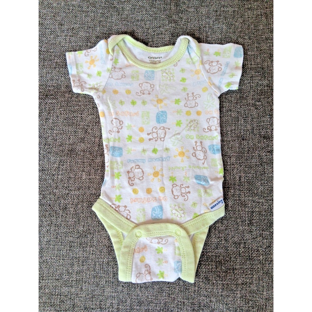 Gerber Shirt 0 To 3 month White Green Short sleeve Snap Bottom Monkeys Cotton